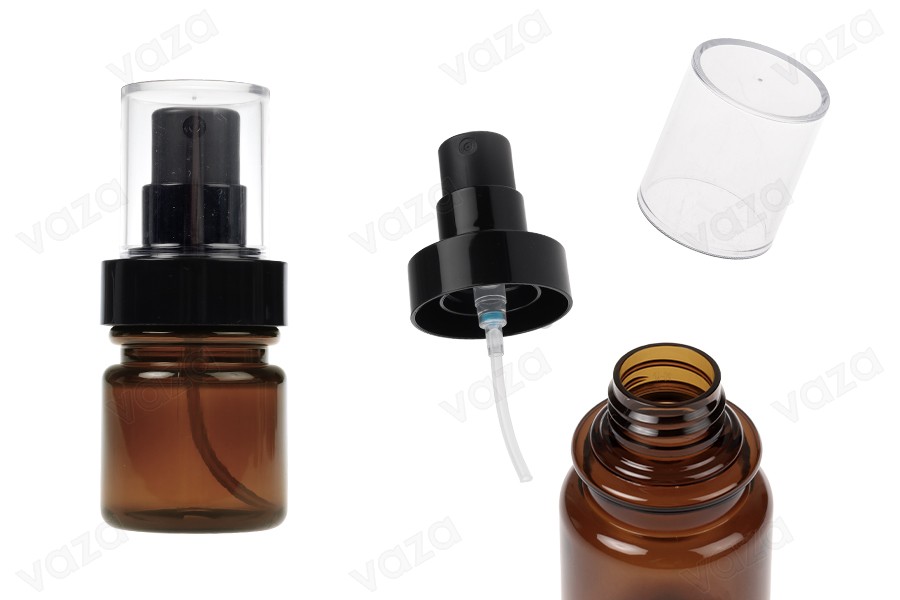 Flacone cilindrico in plastica ambrata da 40 ml con spruzzatore nero e tappo trasparente. Flacone cilindrico in plastica ambrata da 40 ml con spruzzatore nero e tappo trasparente.-immagine_prodotto