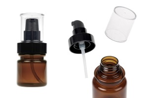 Bottiglia cilindrico in plastica color caramello da 40 ml con erogatore a pompa in crema nera e tappo trasparente.-εικόνα_προϊοντική