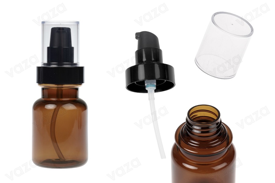 Plastic caramel bottle 80 ml cylindrical with black cream pump and transparent cap Plastic caramel bottle 80 ml cylindrical with black cream pump and transparent cap-image_product