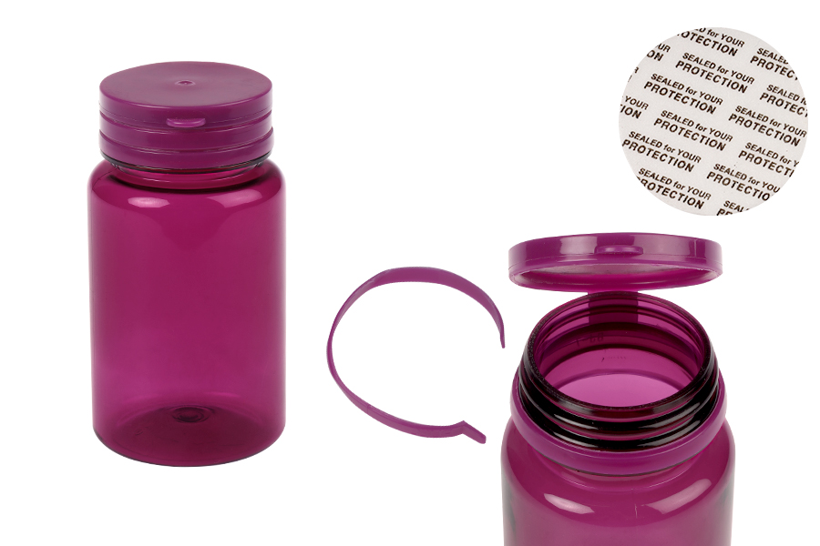 Πλαστικό PET μωβ βαζάκι 100 ml με κουμπωτό καπάκι ασφαλείας για χάπια και κάψουλες