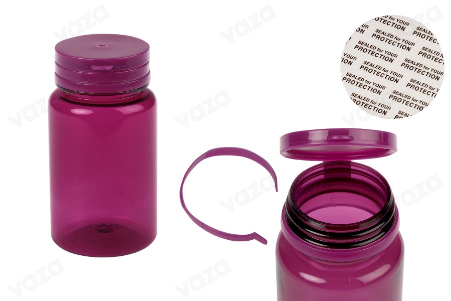 Barattolo di plastica PET viola da 100 ml con tappo a scatto e guarnizione a pressione per pillole e capsule-immagine_prodotto
