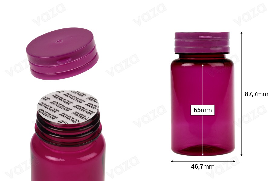 Barattolo di plastica PET viola da 100 ml con tappo a scatto e guarnizione a pressione per pillole e capsule-dimensioni_immagine