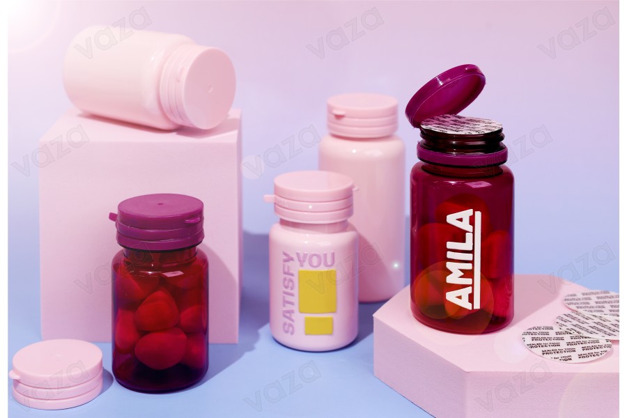 Πλαστικό PET ροζ βαζάκι 120 ml με κουμπωτό καπάκι ασφαλείας και παρέμβυσμα για χάπια και κάψουλες Πλαστικό PET ροζ βαζάκι 120 ml με κουμπωτό καπάκι ασφαλείας και παρέμβυσμα για χάπια και κάψουλες-εικόνα_σύνθεση