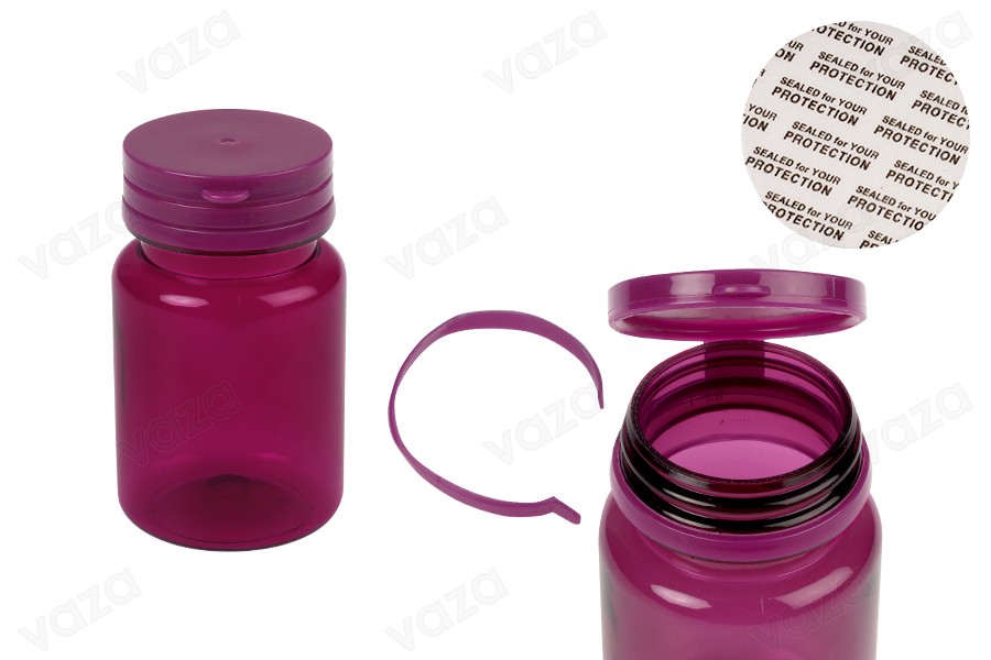 Pot en plastique PET violet de 80 ml avec bouchon à pression et joint à pression pour pilules et capsules-photo_produit