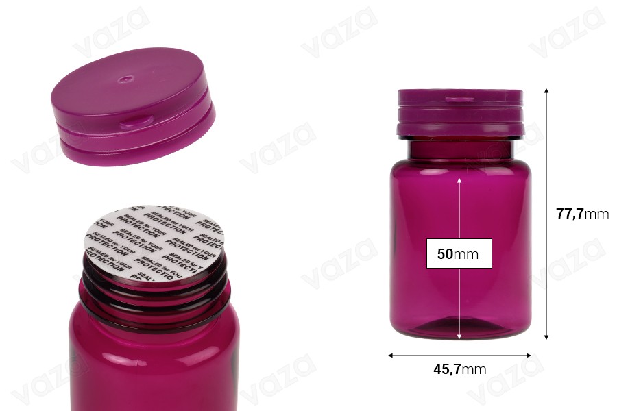 Pot en plastique PET violet de 80 ml avec bouchon à pression et joint à pression pour pilules et capsules-photo_dimensions
