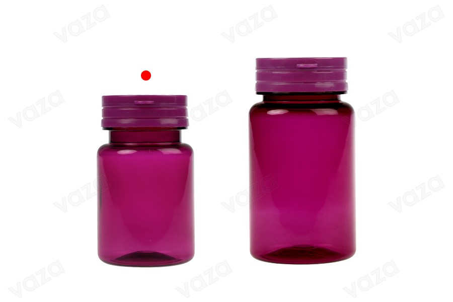 Pot en plastique PET violet de 80 ml avec bouchon à pression et joint à pression pour pilules et capsules-photo_groupe