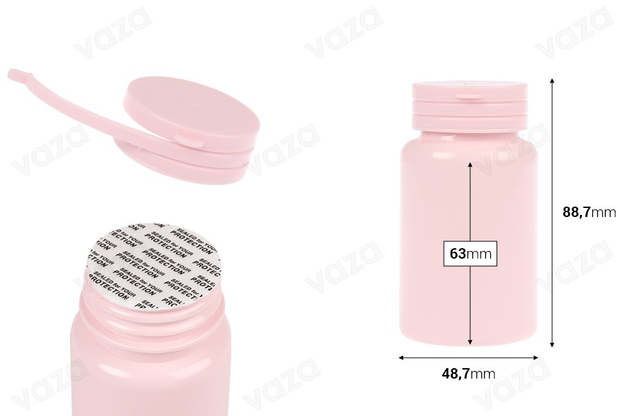 Πλαστικό PET ροζ βαζάκι 120 ml με κουμπωτό καπάκι ασφαλείας και παρέμβυσμα για χάπια και κάψουλες Πλαστικό PET ροζ βαζάκι 120 ml με κουμπωτό καπάκι ασφαλείας και παρέμβυσμα για χάπια και κάψουλες-εικόνα_διαστάσεις