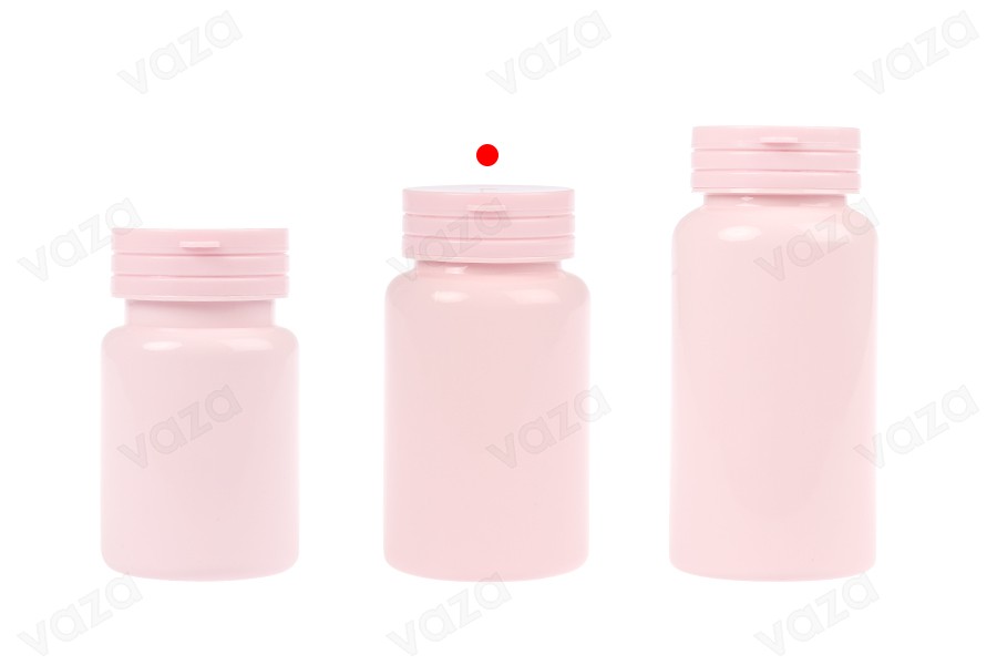 Πλαστικό PET ροζ βαζάκι 120 ml με κουμπωτό καπάκι ασφαλείας και παρέμβυσμα για χάπια και κάψουλες Πλαστικό PET ροζ βαζάκι 120 ml με κουμπωτό καπάκι ασφαλείας και παρέμβυσμα για χάπια και κάψουλες-εικόνα_σύνθεση