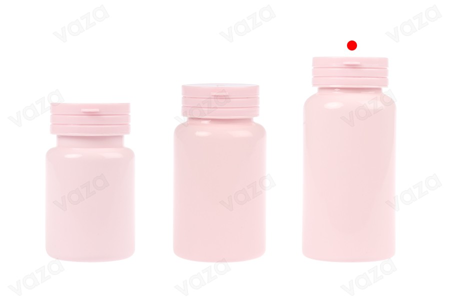 Πλαστικό PET ροζ βαζάκι 150 ml με κουμπωτό καπάκι ασφαλείας και παρέμβυσμα για χάπια και κάψουλες Πλαστικό PET ροζ βαζάκι 150 ml με κουμπωτό καπάκι ασφαλείας και παρέμβυσμα για χάπια και κάψουλες-εικόνα_σύνθεση