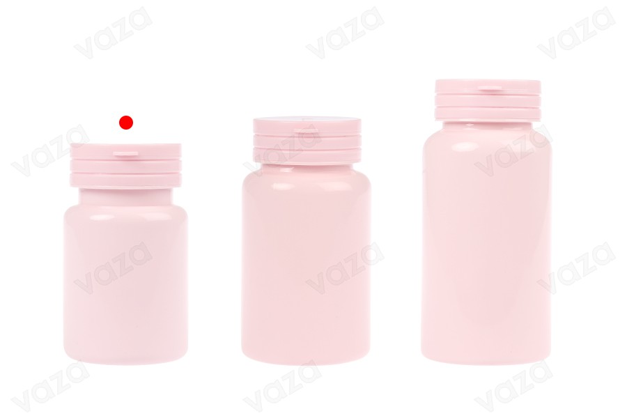 Πλαστικό PET ροζ βαζάκι 80 ml με κουμπωτό καπάκι ασφαλείας και παρέμβυσμα για χάπια και κάψουλες Πλαστικό PET ροζ βαζάκι 80 ml με κουμπωτό καπάκι ασφαλείας και παρέμβυσμα για χάπια και κάψουλες-εικόνα_σύνθεση