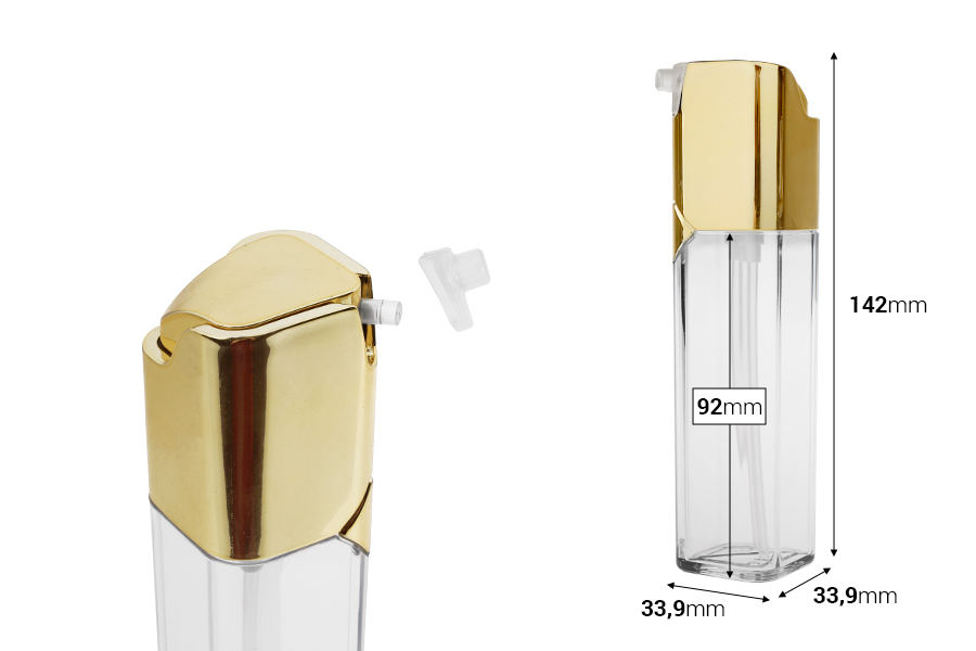 Transparent two-chamber bottle 60 ml with gold pump Transparent two-chamber bottle 60 ml with gold pump-image_dimensions
