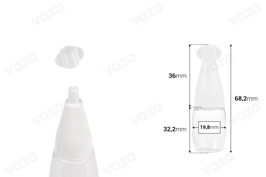 Πλαστικό διάφανο μπουκάλι 5 ml με "μύτη" και καπάκι βιδωτό - 50 τμχ-εικόνα_διαστάσεις
