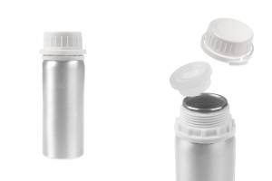 Flacon en aluminium de 100 ml pour le stockage d'essences, de parfums et de solutions alcooliques avec bouchon et bouchon de sécurité en plastique blanc-εικόνα_προϊοντική