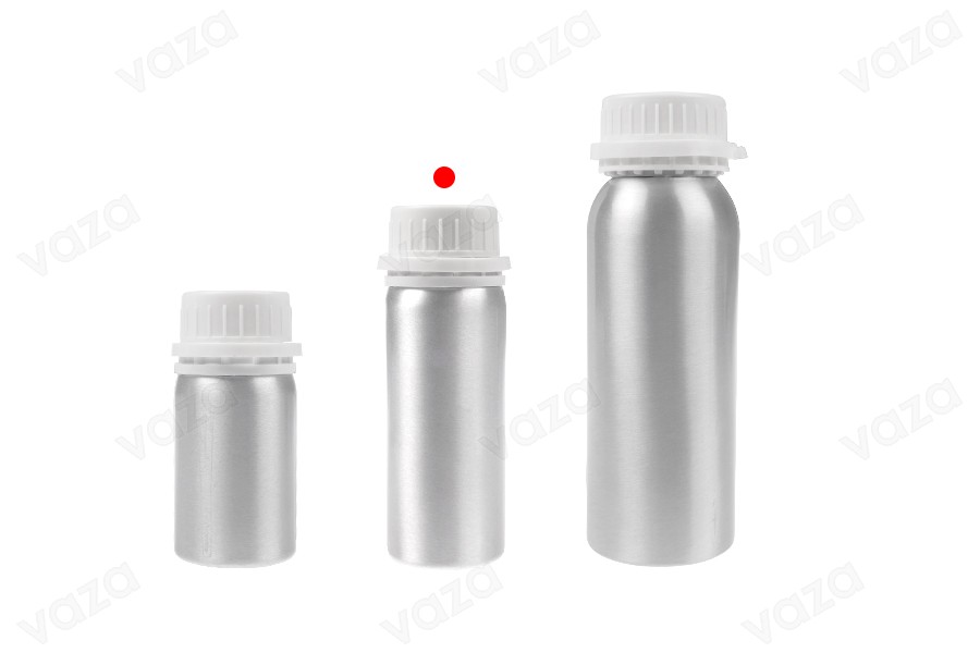 Flacon en aluminium de 100 ml pour le stockage d'essences, de parfums et de solutions alcooliques avec bouchon et bouchon de sécurité en plastique blanc-εικόνα_σύνθεση