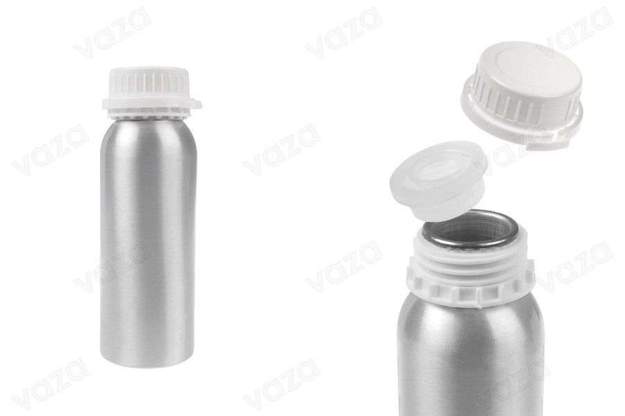 Flacone in alluminio da 250 ml per conservare essenze, profumi e soluzioni alcoliche con tappo e tappo di sicurezza in plastica bianca-immagine_prodotto