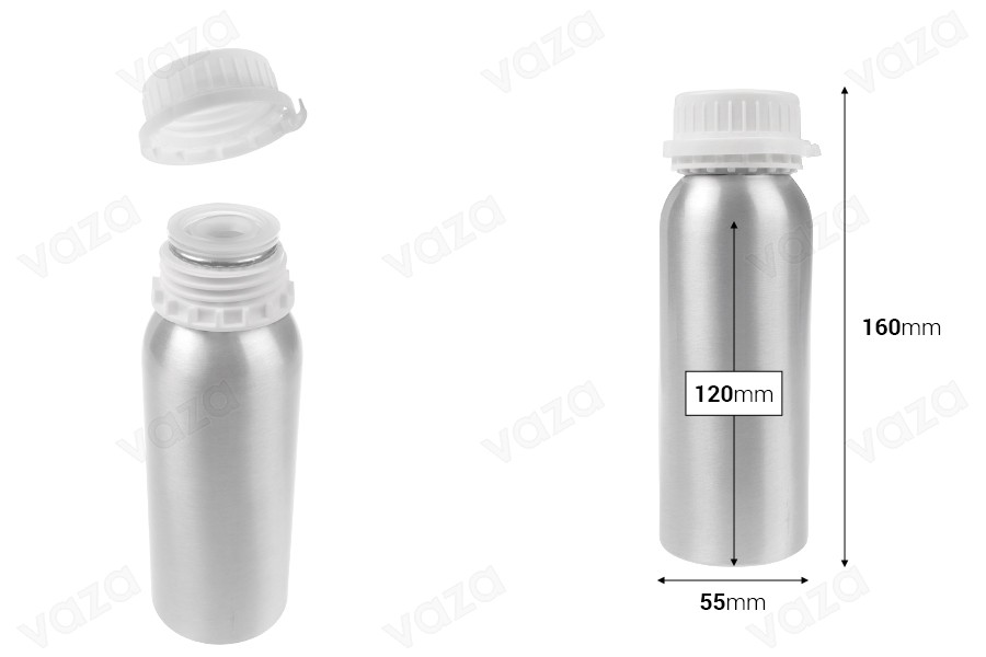 Flacone in alluminio da 250 ml per conservare essenze, profumi e soluzioni alcoliche con tappo e tappo di sicurezza in plastica bianca-dimensioni_immagine