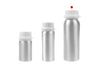 Αλουμινένια φιάλη 250 ml για αποθήκευση essence, αρωμάτων και αλκοολούχων διαλυμάτων με τάπα και πλαστικό λευκό καπάκι ασφαλείας -εικόνα_σύνθεση