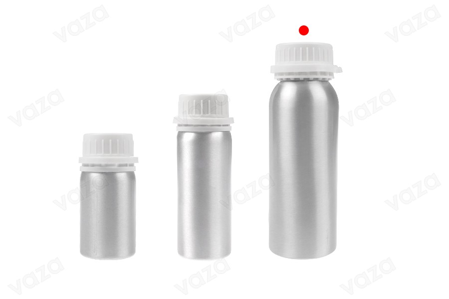 Flacone in alluminio da 250 ml per conservare essenze, profumi e soluzioni alcoliche con tappo e tappo di sicurezza in plastica bianca-gruppo_immagini