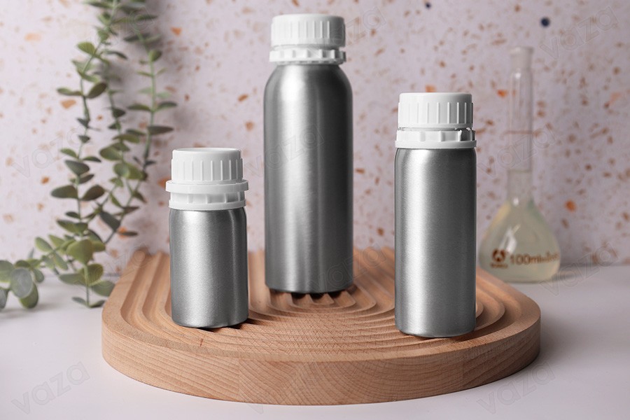 50 ml Aluminiumflasche zur Aufbewahrung von Essenzen, Parfüms und alkoholischen Lösungen mit Stopfen und weißer Kunststoff-Sicherheitskappe-bildgruppe