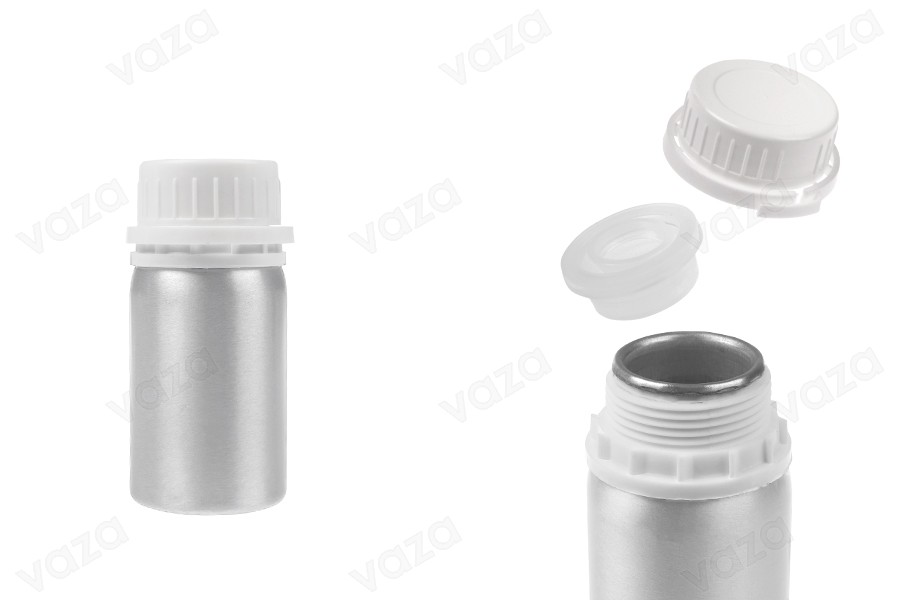 50 ml Aluminiumflasche zur Aufbewahrung von Essenzen, Parfüms und alkoholischen Lösungen mit Stopfen und weißer Kunststoff-Sicherheitskappe-produktbild