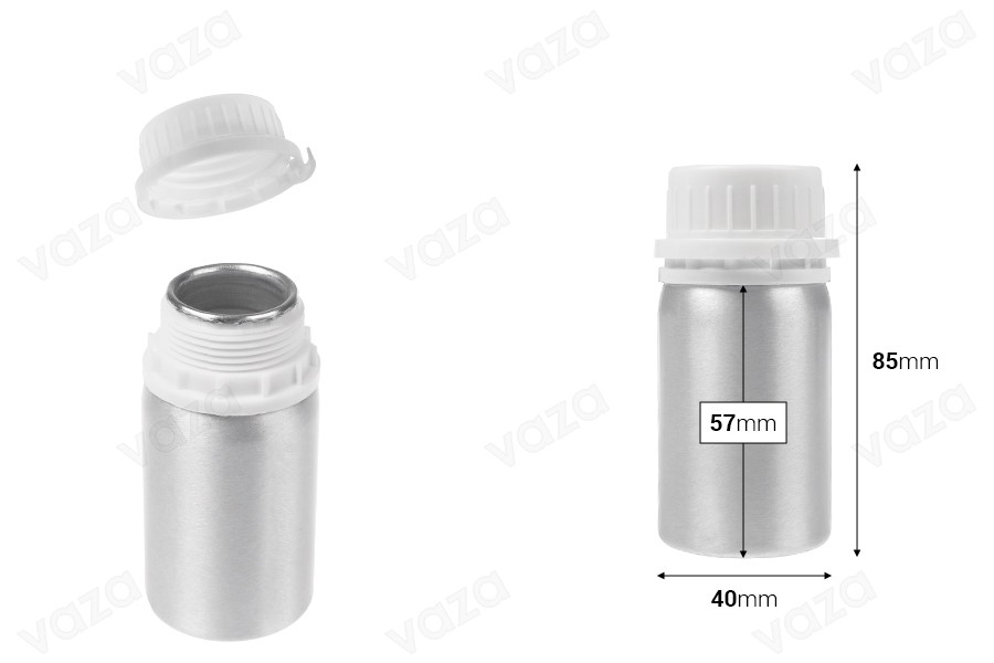 50 ml Aluminiumflasche zur Aufbewahrung von Essenzen, Parfüms und alkoholischen Lösungen mit Stopfen und weißer Kunststoff-Sicherheitskappe-bildabmessungen
