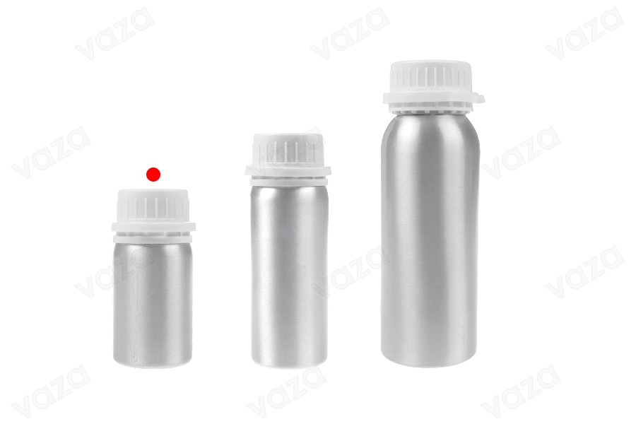 50 ml Aluminiumflasche zur Aufbewahrung von Essenzen, Parfüms und alkoholischen Lösungen mit Stopfen und weißer Kunststoff-Sicherheitskappe-bildgruppe