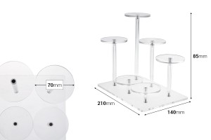 Présentoir transparent en acrylique pour produits, 210 x 140 x 85 mm (diamètre de chaque pied : 70 mm) - 6 emplacements-photo_dimensions