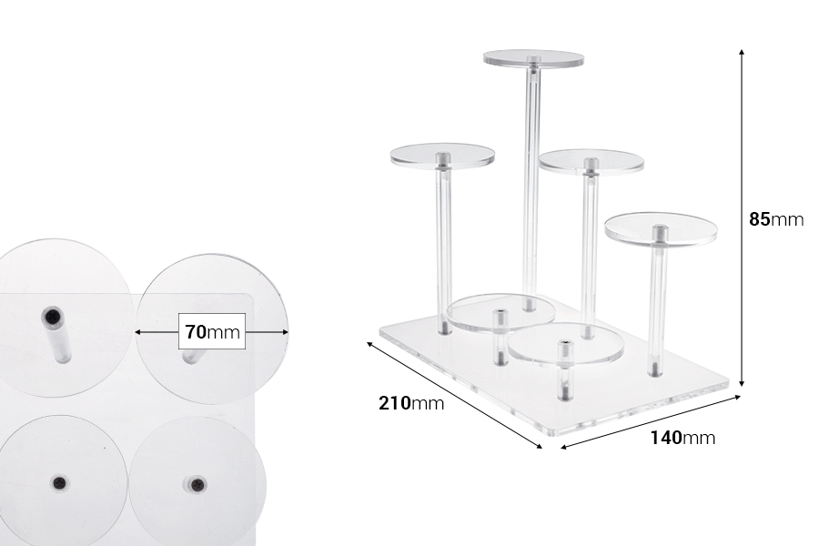 Présentoir transparent en acrylique 210 x 140 x 85 mm (diamètre de chaque base : 70 mm) - 6 positions Présentoir transparent en acrylique 210 x 140 x 85 mm (diamètre de chaque base : 70 mm) - 6 positions-photo_dimensions