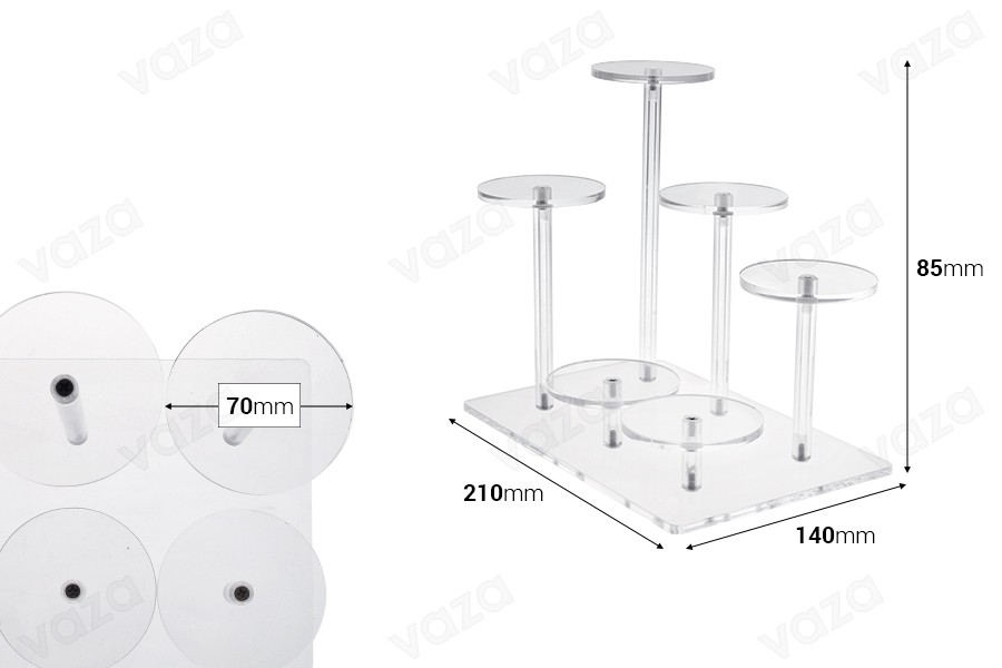 Espositore per prodotti in acrilico trasparente 210x140x85 mm (diametro di ciascuna base 70 mm) - 6 posizioni-dimensioni_immagine