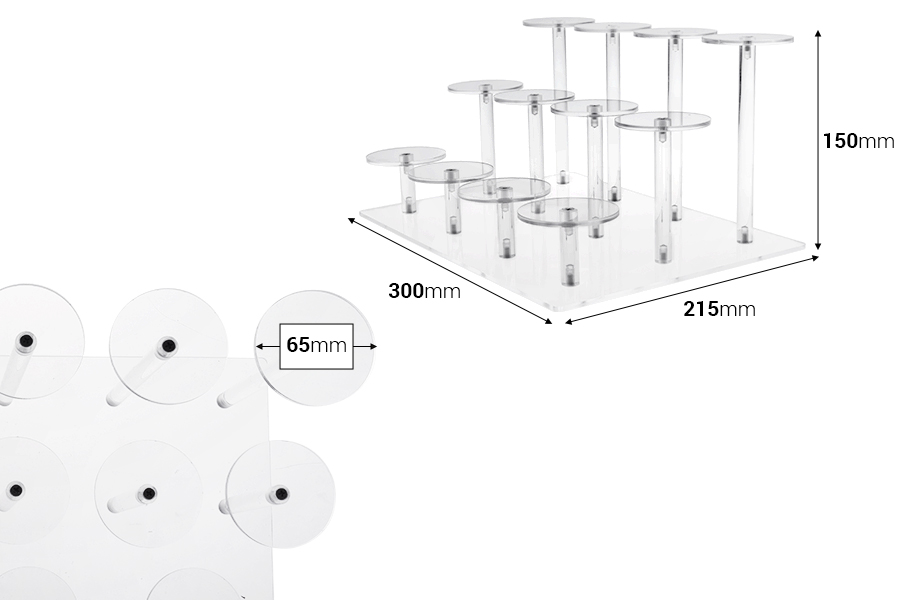 Ακρυλικό διάφανο σταντ προβολής προϊόντων 300x215x150mm (διάμετρος κάθε βάσης 65 mm) - 12 θέσεις-εικόνα_διαστάσεις