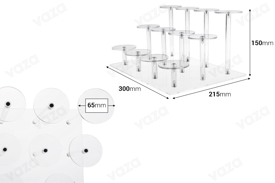 Espositore per prodotti in acrilico trasparente 300x215x150mm (diametro di ogni base 65 mm) - 12 posizioni-dimensioni_immagine