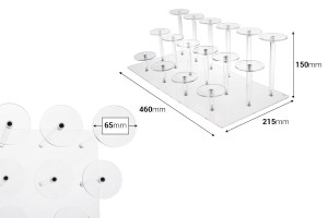Présentoir transparent en acrylique pour produits, 460 x 215 x 150 mm (diamètre de chaque pied : 65 mm) - 16 emplacements-εικόνα_διαστάσεις