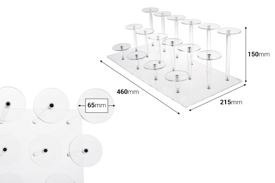 Ακρυλικό διάφανο σταντ προβολής προϊόντων 460x215x150 mm (διάμετρος κάθε βάσης 65 mm) - 16 θέσεις-εικόνα_διαστάσεις