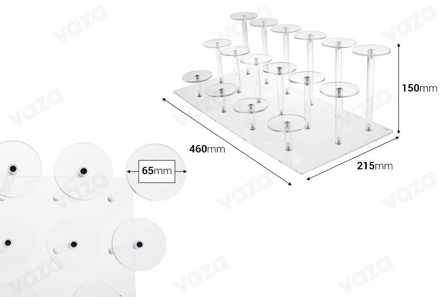 Espositore per prodotti in acrilico trasparente 460x215x150 mm (diametro di ogni base 65 mm) - 16 posizioni-dimensioni_immagine