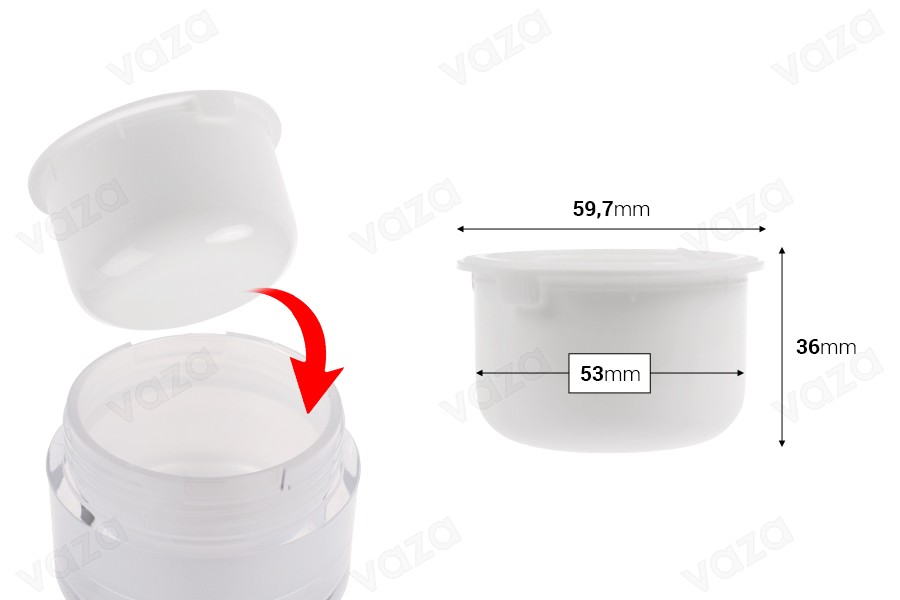 Kavanoz zëvendësues i brendshëm i bardhë 50 ml me tapë plastike për kodin 1289-2-50-0-imazh_dimensione