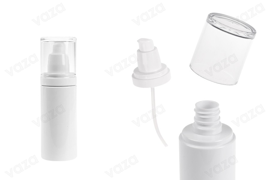 Plastic (PET) white bottle 100 ml with cream pump and transparent cap Plastic (PET) white bottle 100 ml with cream pump and transparent cap-image_product