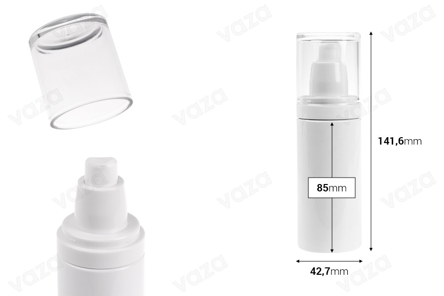 Plastic (PET) white bottle 100 ml with cream pump and transparent cap Plastic (PET) white bottle 100 ml with cream pump and transparent cap-image_dimensions