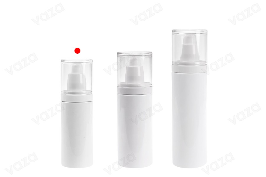 Plastic (PET) white bottle 100 ml with cream pump and transparent cap Plastic (PET) white bottle 100 ml with cream pump and transparent cap-image_group