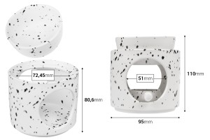 Diffuseur d'ambiance en céramique 95 x 100 mm avec cuillère en céramique pour fondants parfumés et huiles essentielles, coloris blanc et noir.-εικόνα_διαστάσεις