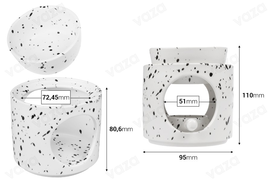 Κεραμικός αρωματιστής χώρου 95x100 mm με κεραμικό κουταλάκι για wax melts και έλαια σε λευκό μαύρο χρώμα-εικόνα_διαστάσεις