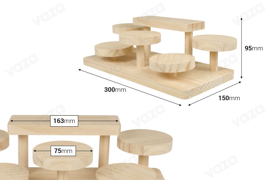 Wooden stand 300x150x95 mm (diameter of each base 75 mm) Wooden stand 300x150x95 mm (diameter of each base 75 mm)-image_dimensions
