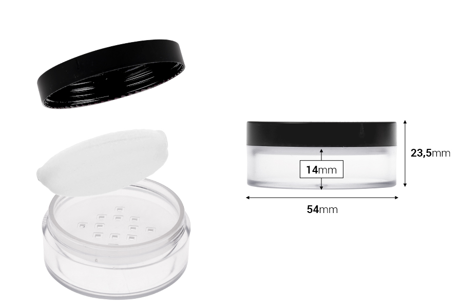 Ακρυλικό διάφανο βαζάκι 8 ml με κόσκινο και σφουγγαράκι για πούδρα και καπάκι - 6 τμχ-εικόνα_διαστάσεις