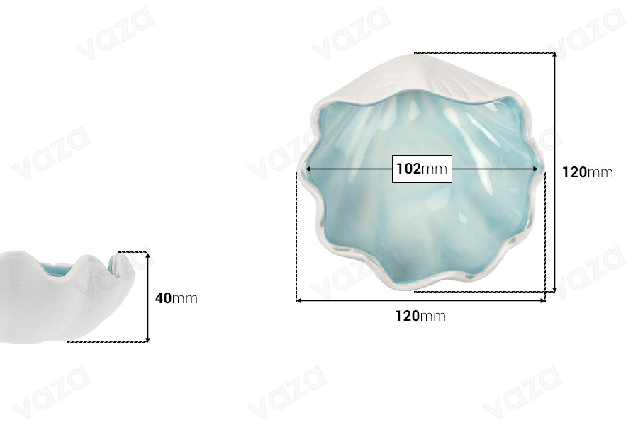 Contenitore decorativo in ceramica a forma di conchiglia, 120x120x40 mm, per candele. Contenitore decorativo in ceramica a forma di conchiglia, 120x120x40 mm, per candele.-dimensioni_immagine