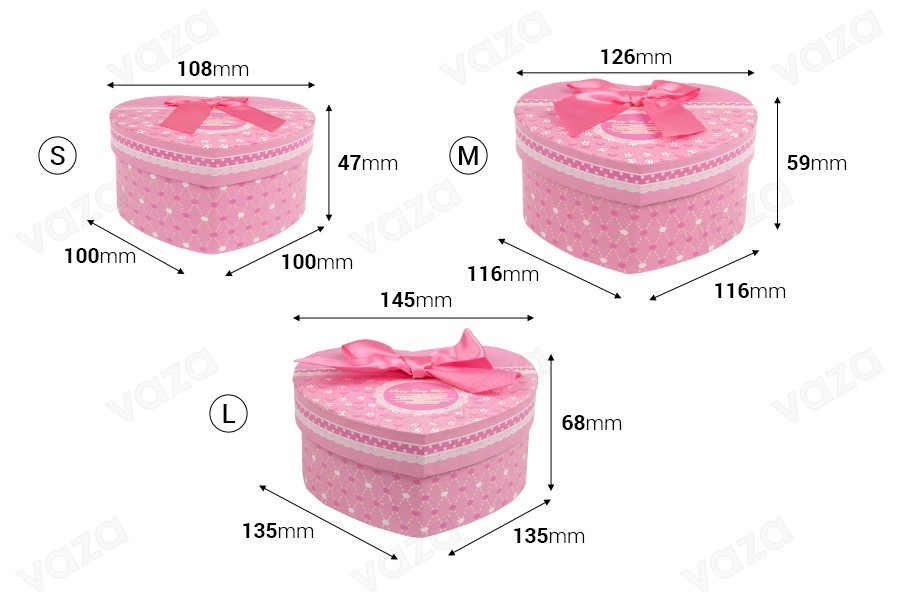 Heart-shaped paper box with bow - set 3 pcs (S-M-L)-image_dimensions