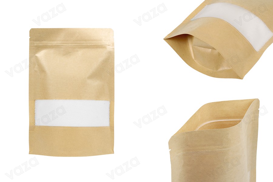 Standbodenbeutel Kraftpapier, Doy-Pack 160x40x235mm mit Sichtfenster, Druckverschluss und innere und äußere transparente Auskleidung -100 Stücke Standbodenbeutel Kraftpapier, Doy-Pack 160x40x235mm mit Sichtfenster, Druckverschluss und innere und äußere transparente Auskleidung -100 Stücke-εικόνα_προϊοντική