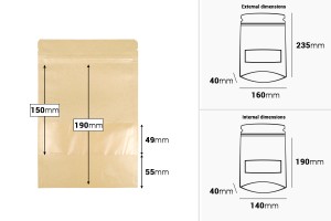 Sachets en papier kraft de type Doypack 160 x 40 x 235 mm , avec zip et fenêtre, revêtement transparent interne et externe et possibilité de scellage par thermoscellage – paquet de 100 pcs-εικόνα_διαστάσεις