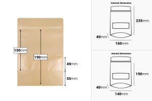 Standbodenbeutel Kraftpapier, Doy-Pack  160x40x235mm mit Sichtfenster, Druckverschluss und innere und äußere transparente Auskleidung -100 Stücke-εικόνα_διαστάσεις