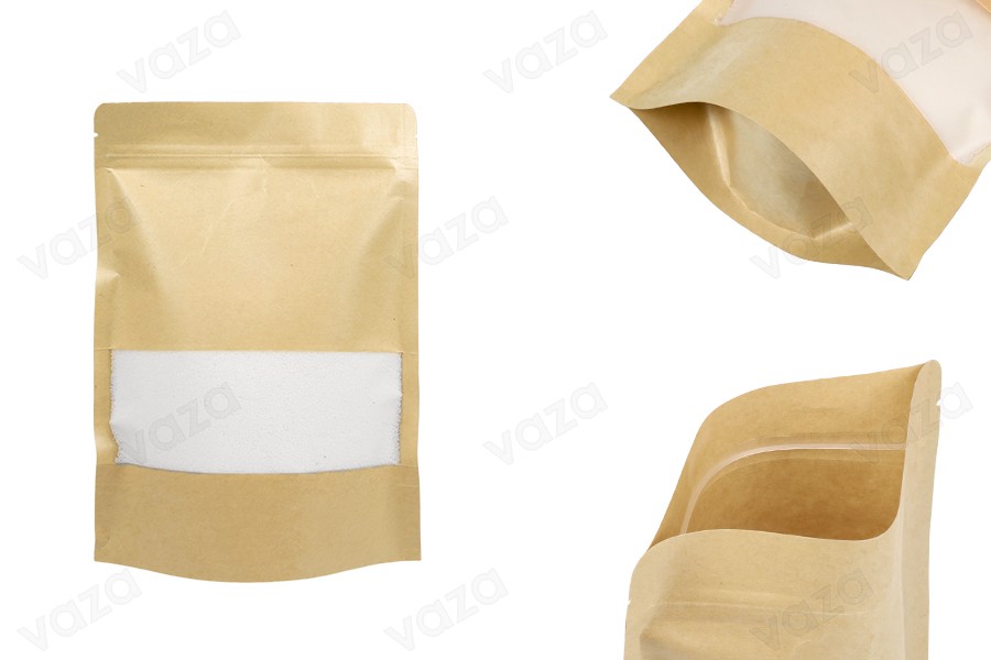 Σακουλάκια κραφτ τύπου Doy Pack  180x50x260 mm, με κλείσιμο "zip" και παράθυρο, εσωτερική και εξωτερική διάφανη επένδυση και δυνατότητα σφράγισης με θερμοκόλληση - 100 τμχ-εικόνα_προϊοντική