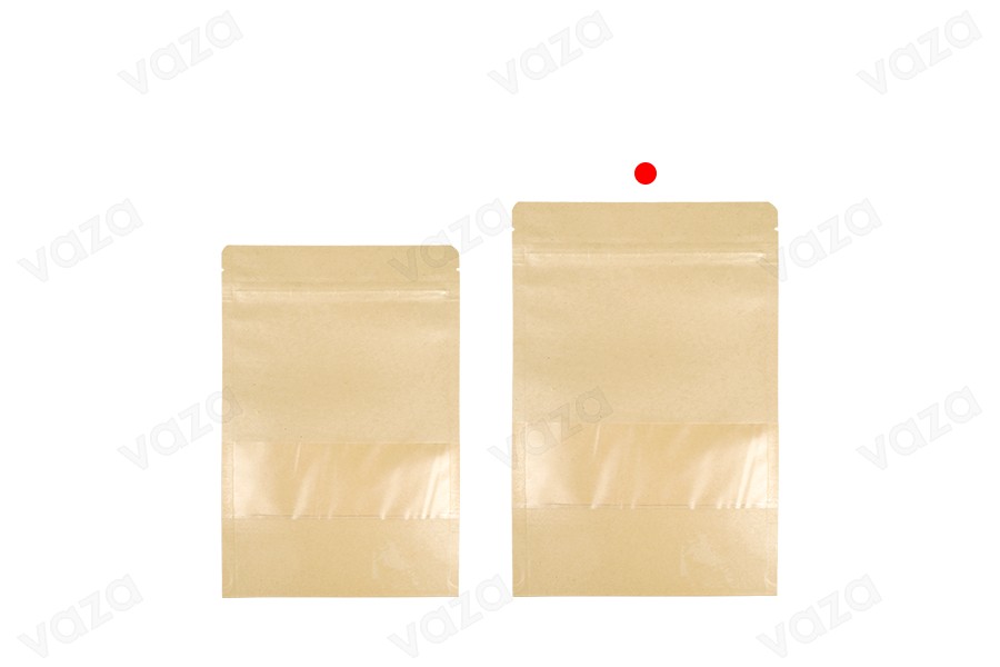 Σακουλάκια κραφτ τύπου Doy Pack  180x50x260 mm, με κλείσιμο "zip" και παράθυρο, εσωτερική και εξωτερική διάφανη επένδυση και δυνατότητα σφράγισης με θερμοκόλληση - 100 τμχ-εικόνα_σύνθεση