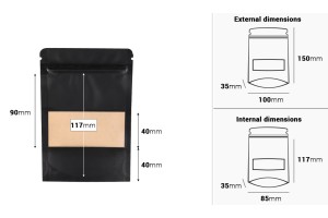 Sacchetti termosaldabili in carta kraft tipo Doy Pack, con finestra e chiusura a zip, 100x35x150 mm – 100 pz-εικόνα_διαστάσεις